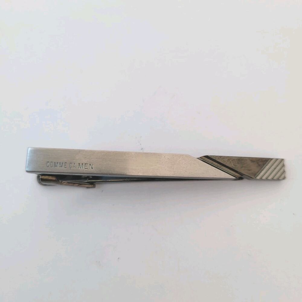Comme Ca Men Two Tone Tie Clasp Clip Bar Silver Gunmetal Brush Modern Designer